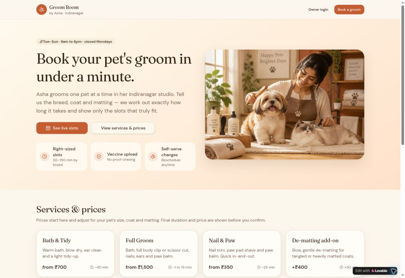 Groom Room’s live booking interface, with pet grooming services and appointment booking