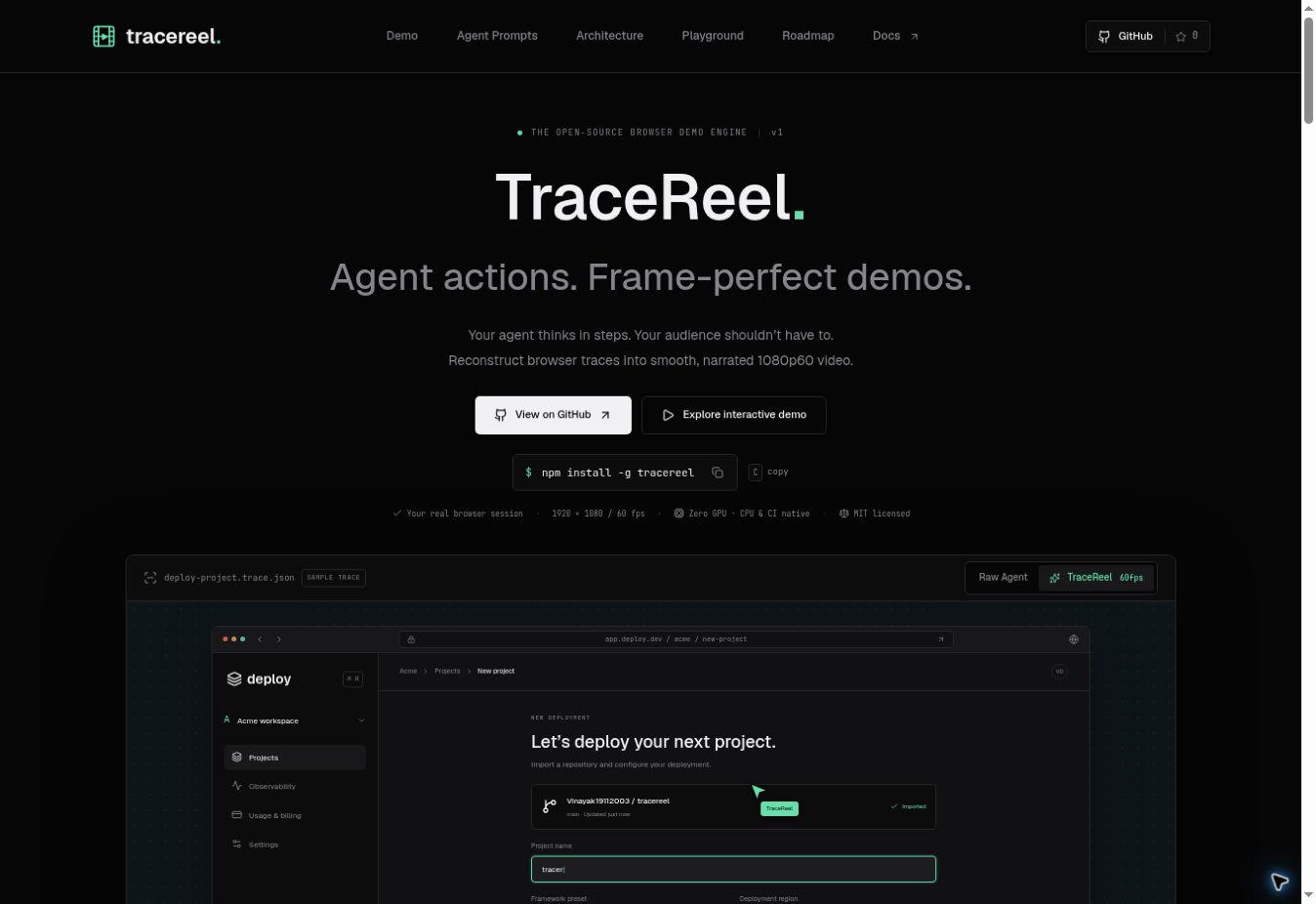 TraceReel’s pitching site with its browser-trace demo and reconstruction interface